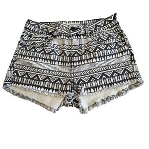 Pacsun Bullhead Aztec Tribal Mid Rise Denim Shorts Size 5 Frayed Hem Black White